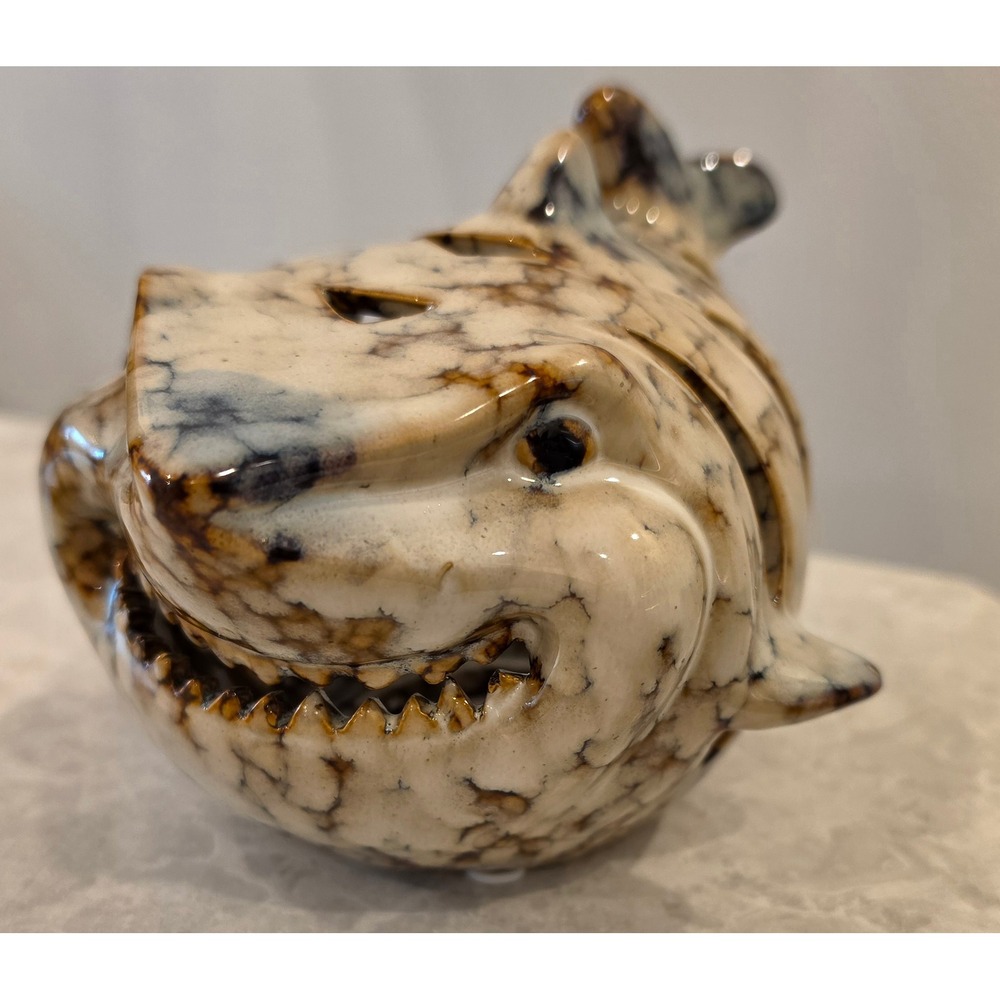 Ceramic Shark Tea Light Candle Holder Marbled Brown Cream Nautical Decor 6in